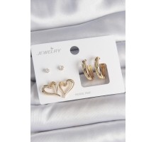 Pirinç Gold Renk Zirkon Taşlı Halka Model Kalp Detay 3 Çift Kadın Küpe Seti - TJ-BKP10622