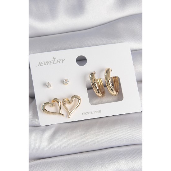 Pirinç Gold Renk Zirkon Taşlı Halka Model Kalp Detay 3 Çift Kadın Küpe Seti - TJ-BKP10622