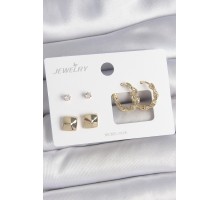 Pirinç Gold Renk Burgu Halka Model Zirkon Taşlı Kare Detay 3 Çift Kadın Küpe Seti - TJ-BKP10623
