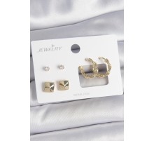 Pirinç Gold Renk Burgu Halka Model Zirkon Taşlı Kare Detay 3 Çift Kadın Küpe Seti - TJ-BKP10623