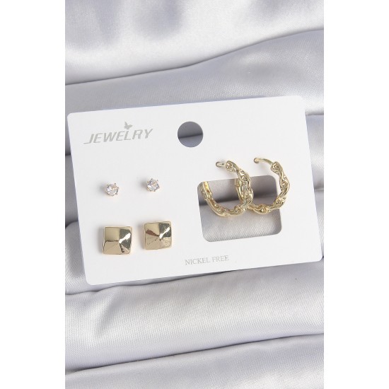 Pirinç Gold Renk Burgu Halka Model Zirkon Taşlı Kare Detay 3 Çift Kadın Küpe Seti - TJ-BKP10623