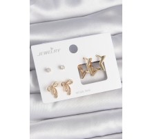 Pirinç Gold Renk Zirkon Taşlı Yıldız Model Fiyonk Detay 3 Çift Kadın Küpe Seti - TJ-BKP10624