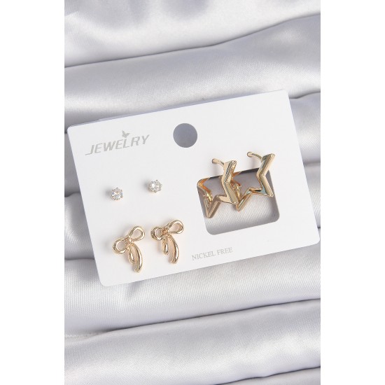 Pirinç Gold Renk Zirkon Taşlı Yıldız Model Fiyonk Detay 3 Çift Kadın Küpe Seti - TJ-BKP10624