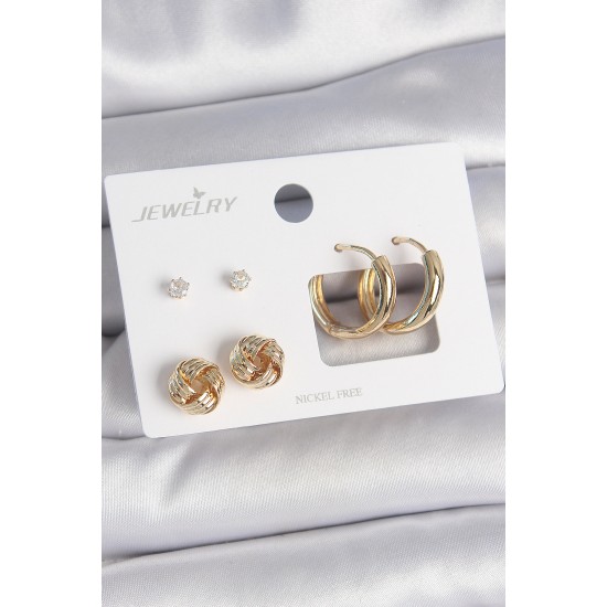 Pirinç Gold Renk Zirkon Taşlı Halka Model Burgu Detay 3 Çift Kadın Küpe Seti - TJ-BKP10625