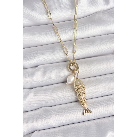 İnci Detaylı Zirkon Taşlı Balık Figürlü Gold Renk Pirinç Kolye - TJ-BKO10214