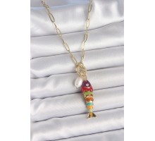 İnci Detaylı Zirkon Taşlı Rainbow Balık Figürlü Gold Renk Pirinç Kolye - TJ-BKO10215