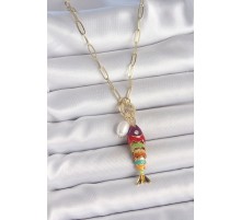 İnci Detaylı Zirkon Taşlı Rainbow Balık Figürlü Gold Renk Pirinç Kolye - TJ-BKO10215