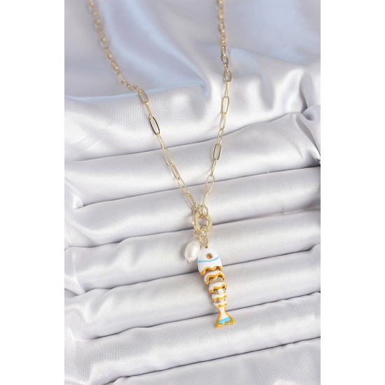 İnci Detaylı Zirkon Taşlı Beyaz Balık Figürlü Gold Renk Pirinç Kolye - TJ-BKO10216