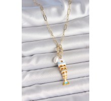 İnci Detaylı Zirkon Taşlı Beyaz Balık Figürlü Gold Renk Pirinç Kolye - TJ-BKO10216