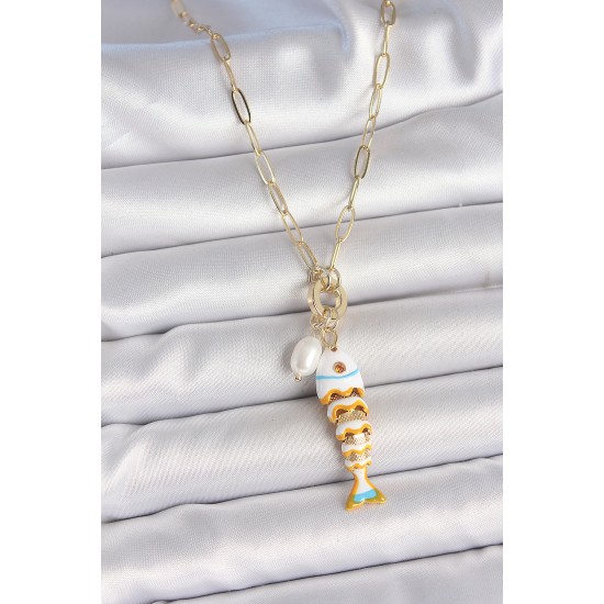 İnci Detaylı Zirkon Taşlı Beyaz Balık Figürlü Gold Renk Pirinç Kolye - TJ-BKO10216