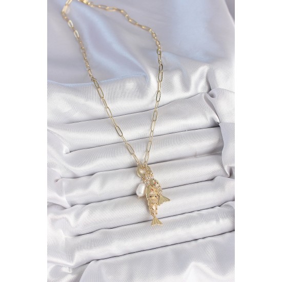 İnci Detaylı Zirkon Taşlı Çiftli Balık Figürlü Gold Renk Pirinç Kolye - TJ-BKO10217