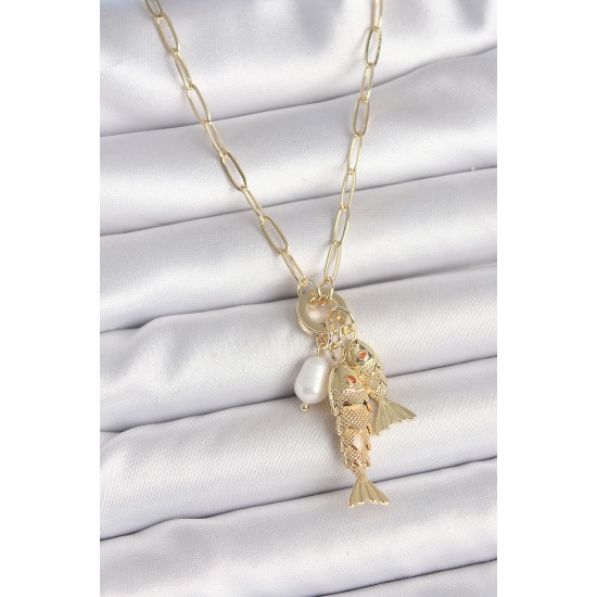 İnci Detaylı Zirkon Taşlı Çiftli Balık Figürlü Gold Renk Pirinç Kolye - TJ-BKO10217