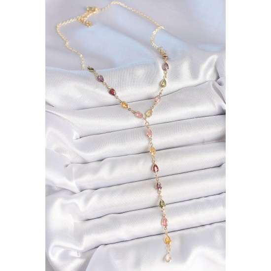 Gold Karışık Renk Zirkon Taşlı Y Pirinç Kolye - TJ-BKO10219