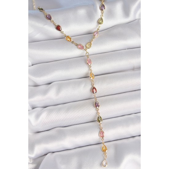 Gold Karışık Renk Zirkon Taşlı Y Pirinç Kolye - TJ-BKO10219