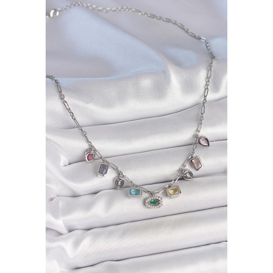 Sıralı Karışık Renk Zirkon Taşlı Gümüş Pirinç Kolye - TJ-BKO10220