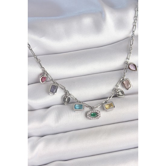 Sıralı Karışık Renk Zirkon Taşlı Gümüş Pirinç Kolye - TJ-BKO10220