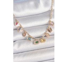 Sıralı Karışık Renk Zirkon Taşlı Gold Pirinç Kolye - TJ-BKO10221