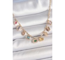 Sıralı Karışık Renk Zirkon Taşlı Gold Pirinç Kolye - TJ-BKO10221