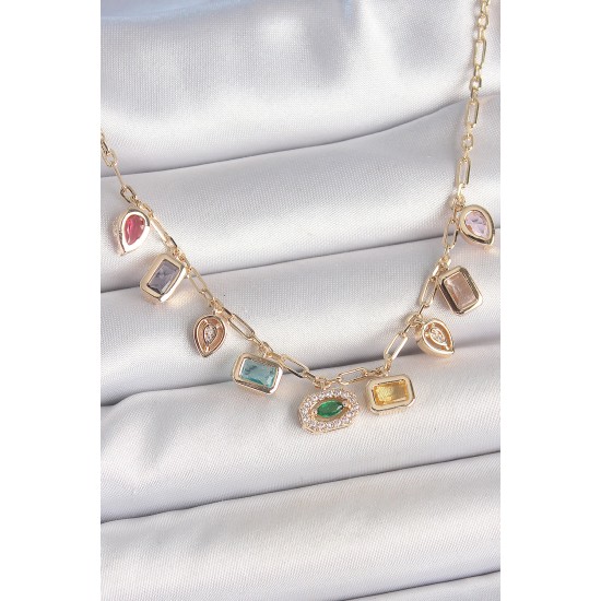 Sıralı Karışık Renk Zirkon Taşlı Gold Pirinç Kolye - TJ-BKO10221