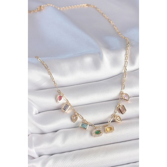 Sıralı Karışık Renk Zirkon Taşlı Gold Pirinç Kolye - TJ-BKO10221