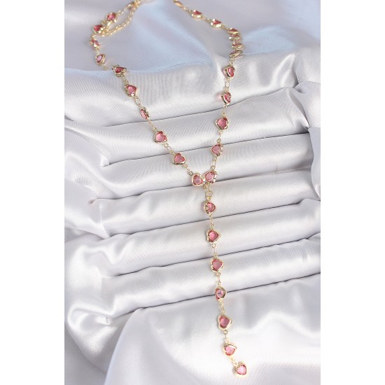 Gold Pembe Renk Kalp Figürlü Zirkon Taşlı Y Pirinç Kolye - TJ-BKO10223