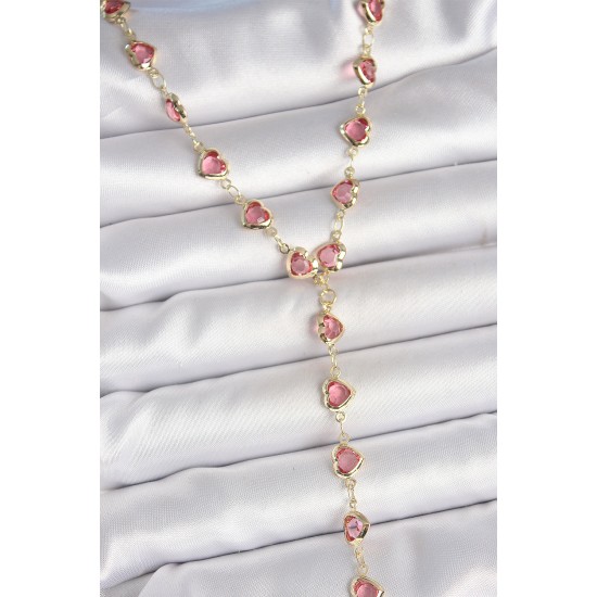 Gold Pembe Renk Kalp Figürlü Zirkon Taşlı Y Pirinç Kolye - TJ-BKO10223