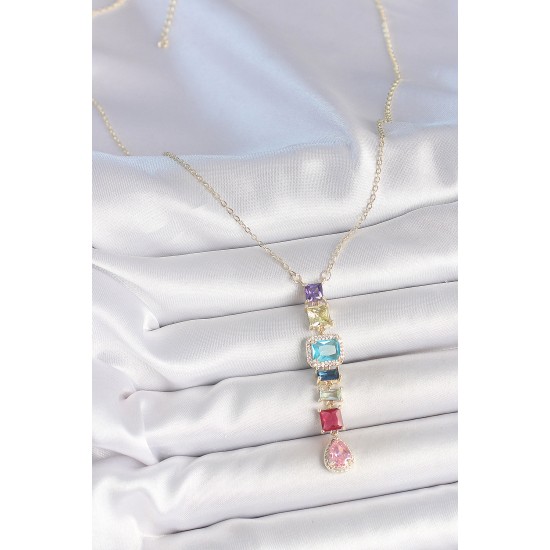 Gold Karışık Renk Zirkon Taşlı Y Pirinç Kolye - TJ-BKO10225