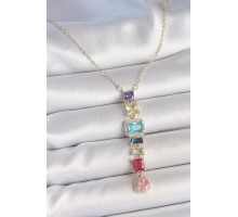 Gold Karışık Renk Zirkon Taşlı Y Pirinç Kolye - TJ-BKO10225