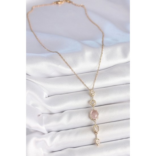 316L Çelik Zincir Gold Renk Pembe Zirkon Taşlı Y Kolye - TJ-BKO10226
