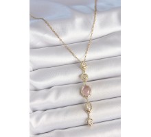 316L Çelik Zincir Gold Renk Pembe Zirkon Taşlı Y Kolye - TJ-BKO10226