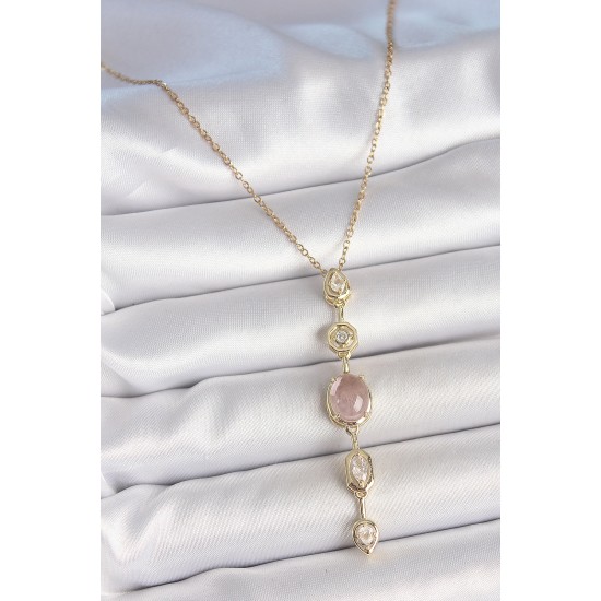 316L Çelik Zincir Gold Renk Pembe Zirkon Taşlı Y Kolye - TJ-BKO10226