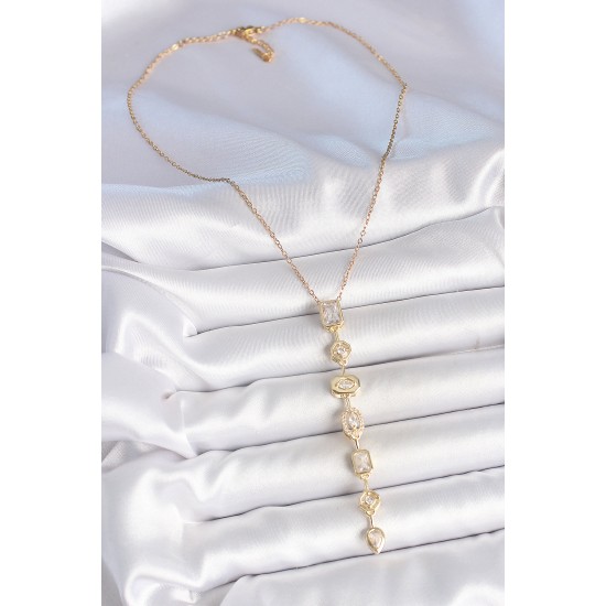 316L Çelik Zincir Gold Renk Zirkon Taşlı Y Kolye - TJ-BKO10227