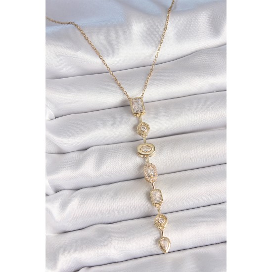 316L Çelik Zincir Gold Renk Zirkon Taşlı Y Kolye - TJ-BKO10227