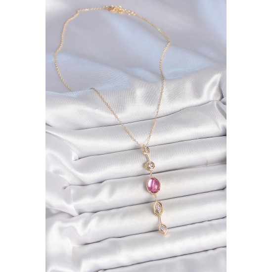 Pirinç Zincir Gold Renk Pembe Zirkon Taşlı Y Kolye - TJ-BKO10228
