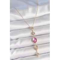Pirinç Zincir Gold Renk Pembe Zirkon Taşlı Y Kolye TJ-BKO10228