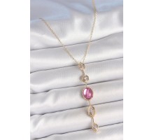 Pirinç Zincir Gold Renk Pembe Zirkon Taşlı Y Kolye - TJ-BKO10228