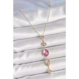 Pirinç Zincir Gold Renk Pembe Zirkon Taşlı Y Kolye TJ-BKO10228