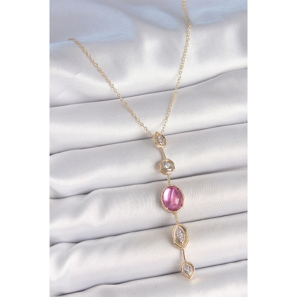 Pirinç Zincir Gold Renk Pembe Zirkon Taşlı Y Kolye - TJ-BKO10228
