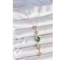 Pirinç Zincir Zümrüt Yeşil Gold Renk Zirkon Taşlı Y Kolye - TJ-BKO10229