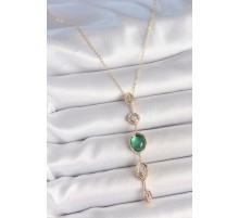 Pirinç Zincir Zümrüt Yeşil Gold Renk Zirkon Taşlı Y Kolye - TJ-BKO10229