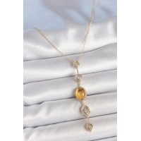 Pirinç Zincir Kehribar Sarı Gold Renk Zirkon Taşlı Y Kolye TJ-BKO10230