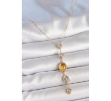 Pirinç Zincir Kehribar Sarı Gold Renk  Zirkon Taşlı Y Kolye - TJ-BKO10230