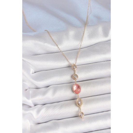 Pirinç Zincir Pembe Gold Renk Zirkon Taşlı Y Kolye - TJ-BKO10231