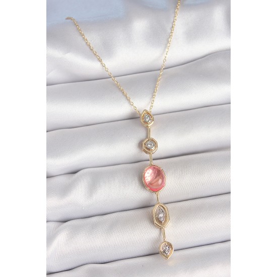 Pirinç Zincir Pembe Gold Renk Zirkon Taşlı Y Kolye - TJ-BKO10231