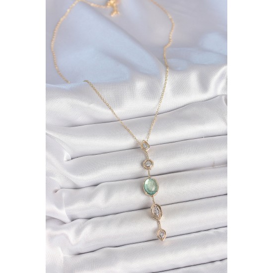 Pirinç Zincir Su Yeşili Gold Renk Zirkon Taşlı Y Kolye - TJ-BKO10232