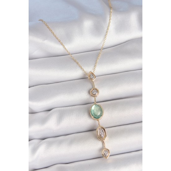 Pirinç Zincir Su Yeşili Gold Renk Zirkon Taşlı Y Kolye - TJ-BKO10232