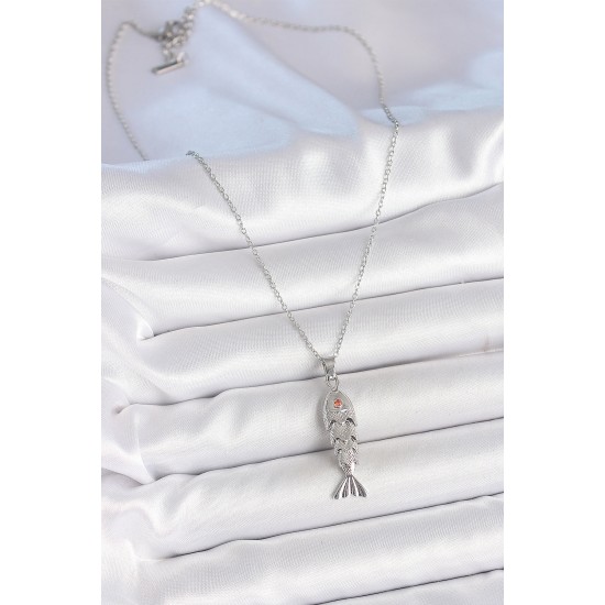 316L Çelik Zincir Gümüş Renk Zirkon Taşlı Balık Figürlü Kolye - TJ-BKO10233