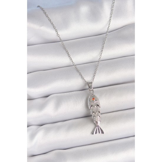 316L Çelik Zincir Gümüş Renk Zirkon Taşlı Balık Figürlü Kolye - TJ-BKO10233