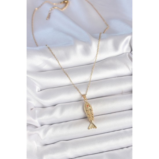 316L Çelik Zincir Gold Renk Zirkon Taşlı Balık Figürlü Kolye - TJ-BKO10234