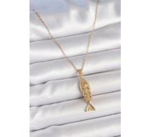 316L Çelik Zincir Gold Renk Zirkon Taşlı Balık Figürlü Kolye - TJ-BKO10234
